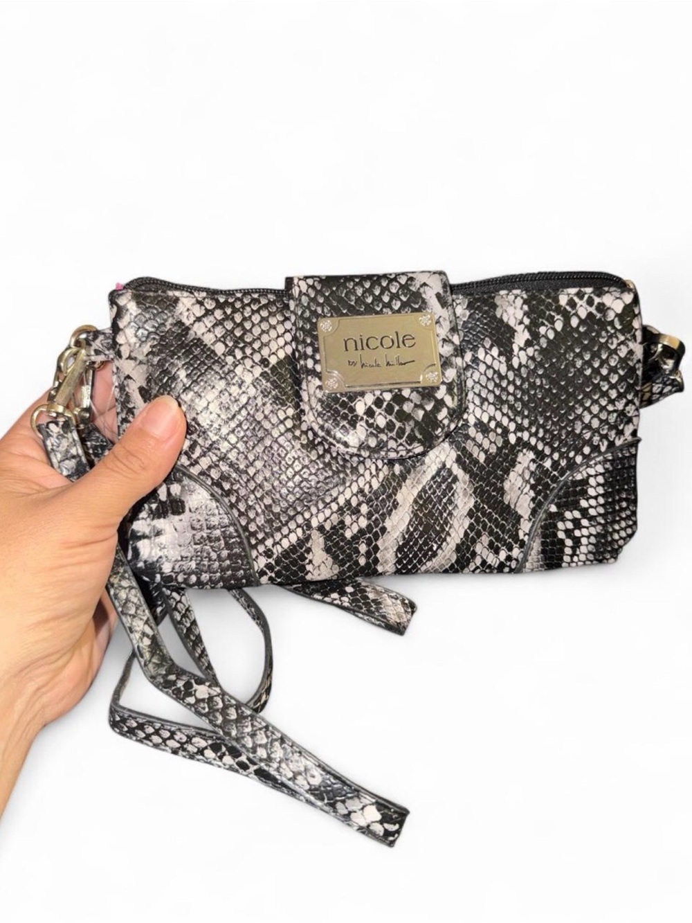 Nicole by Nicole Miller Black and White Snake-Print Wristlet Clutch